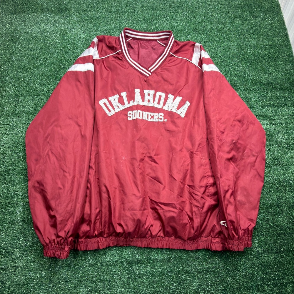 Oklahoma Sooners V-Neck Windbreaker Pullover Jacket Red Mens XL Vintage Style